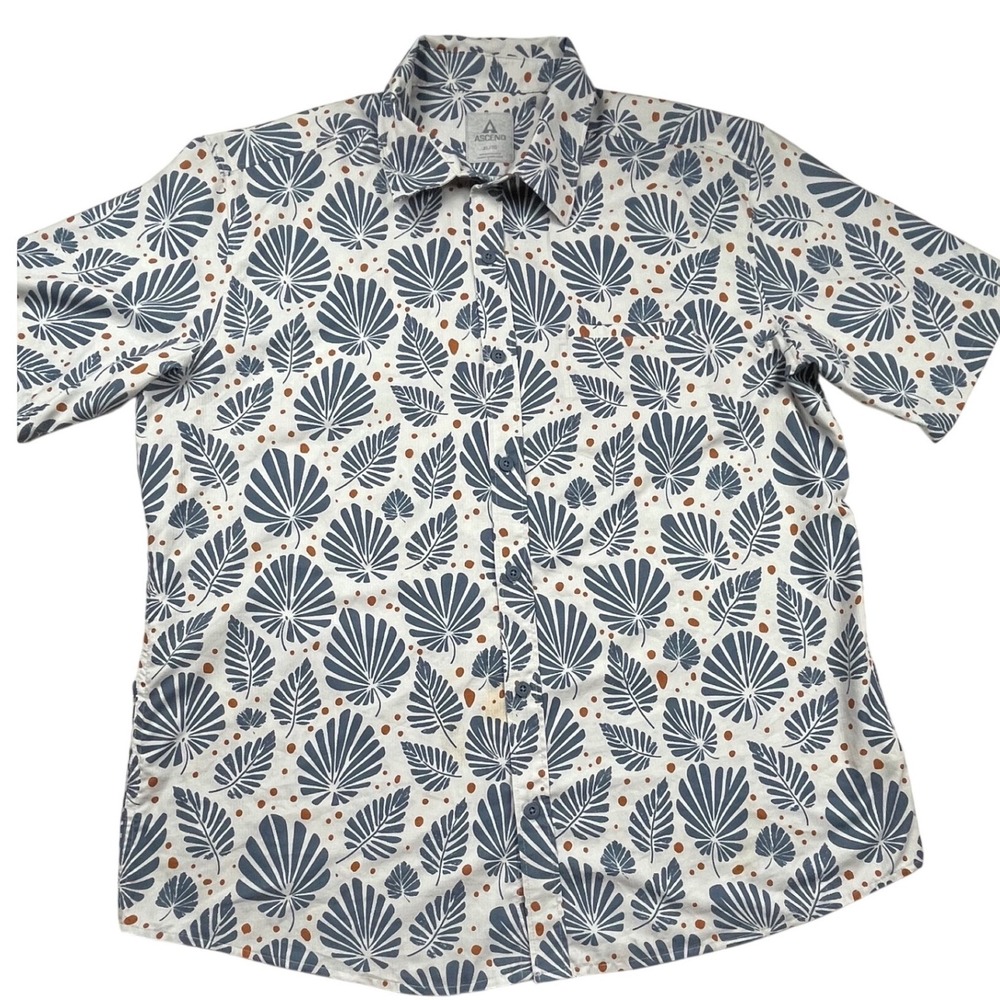 Ascend Mens XL Short Sleeve Button Down Shirt Blue Leaf Print Ripstop